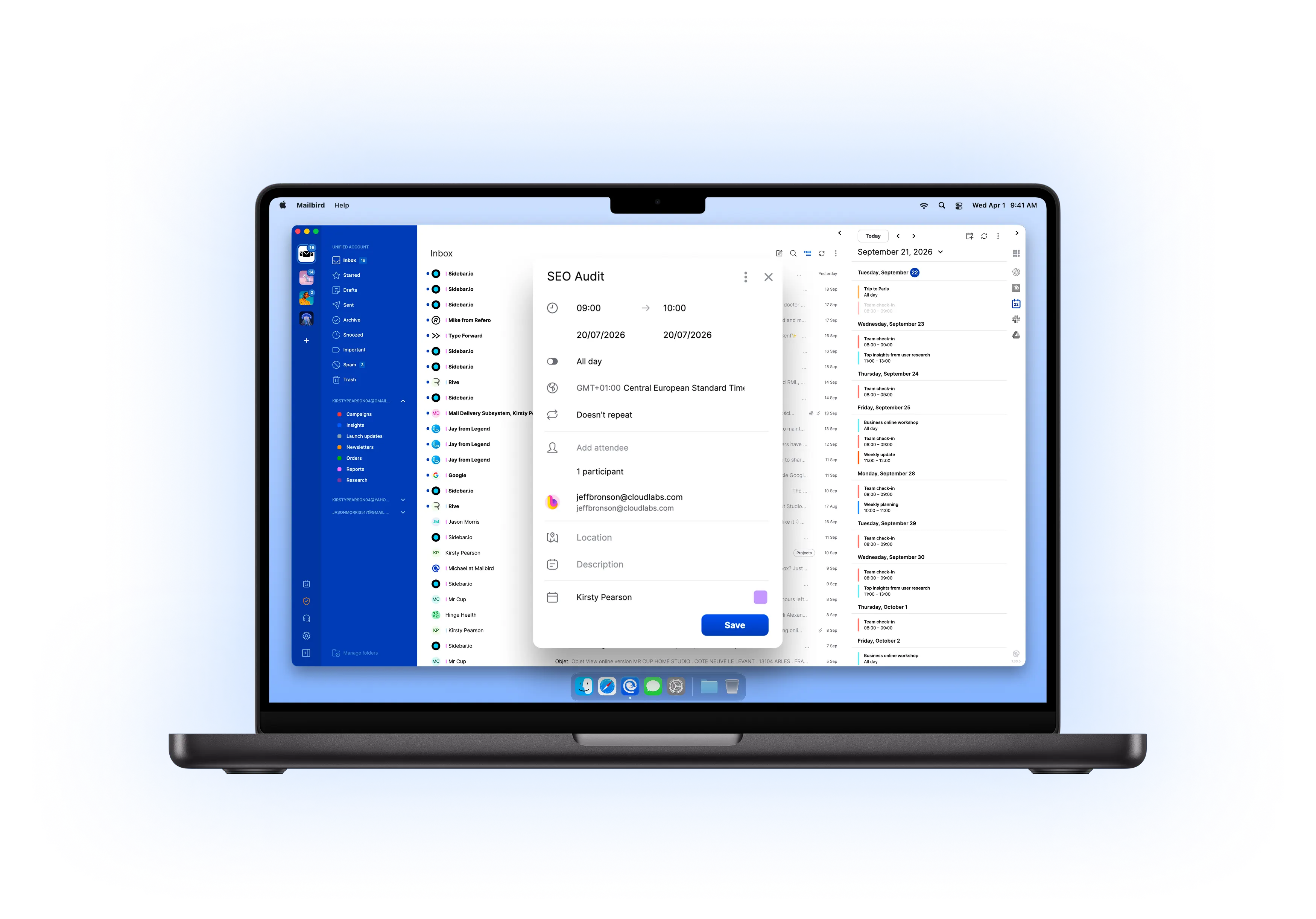 Mailbird Next inbox and calendar displayed on a laptop